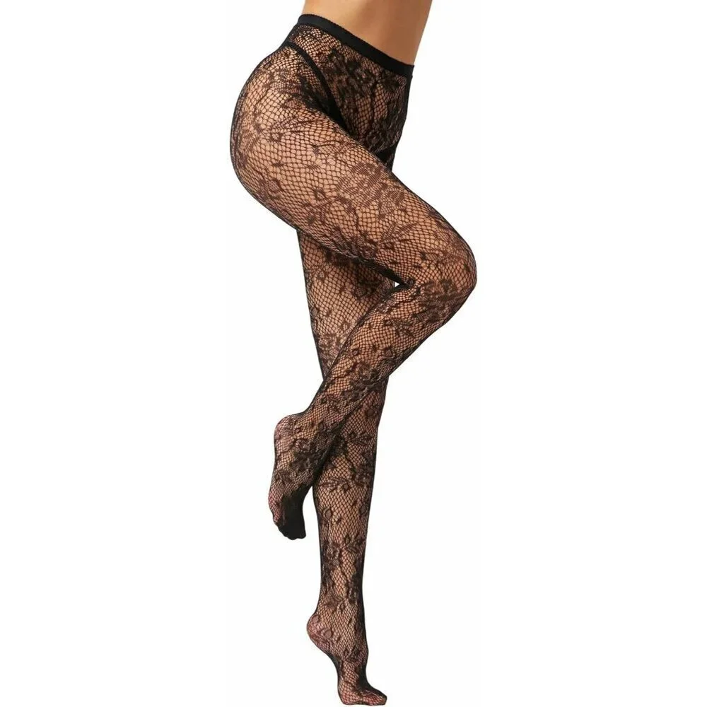 🆕Women's Black Flower  Fishnet Tights with Floral Design Elegant and Stylish